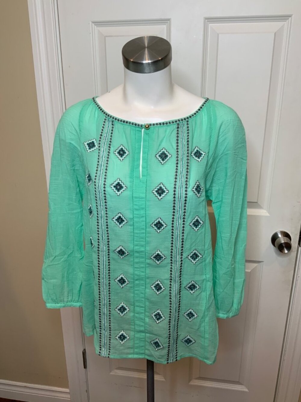 Tory Burch Seafoam Blue Beaded Tunic Shirt, Size 4